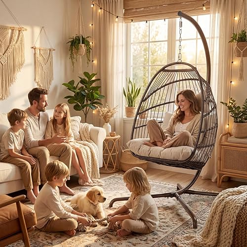 Miniatura 3 de Hamaca colgante de mimbre, para interiores y exteriores, en forma de huevo, con almohadones resistentes a los rayos UV y estructura de aluminio