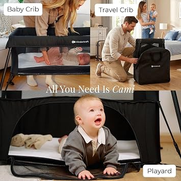 Kinderkraft Cami 3 in 1 Convertible Travel Cot Black | 2 level bassinet and toddler cot, includes rigid support base plate, ultralight 12.8 lbs, 5 sec fold with backpack