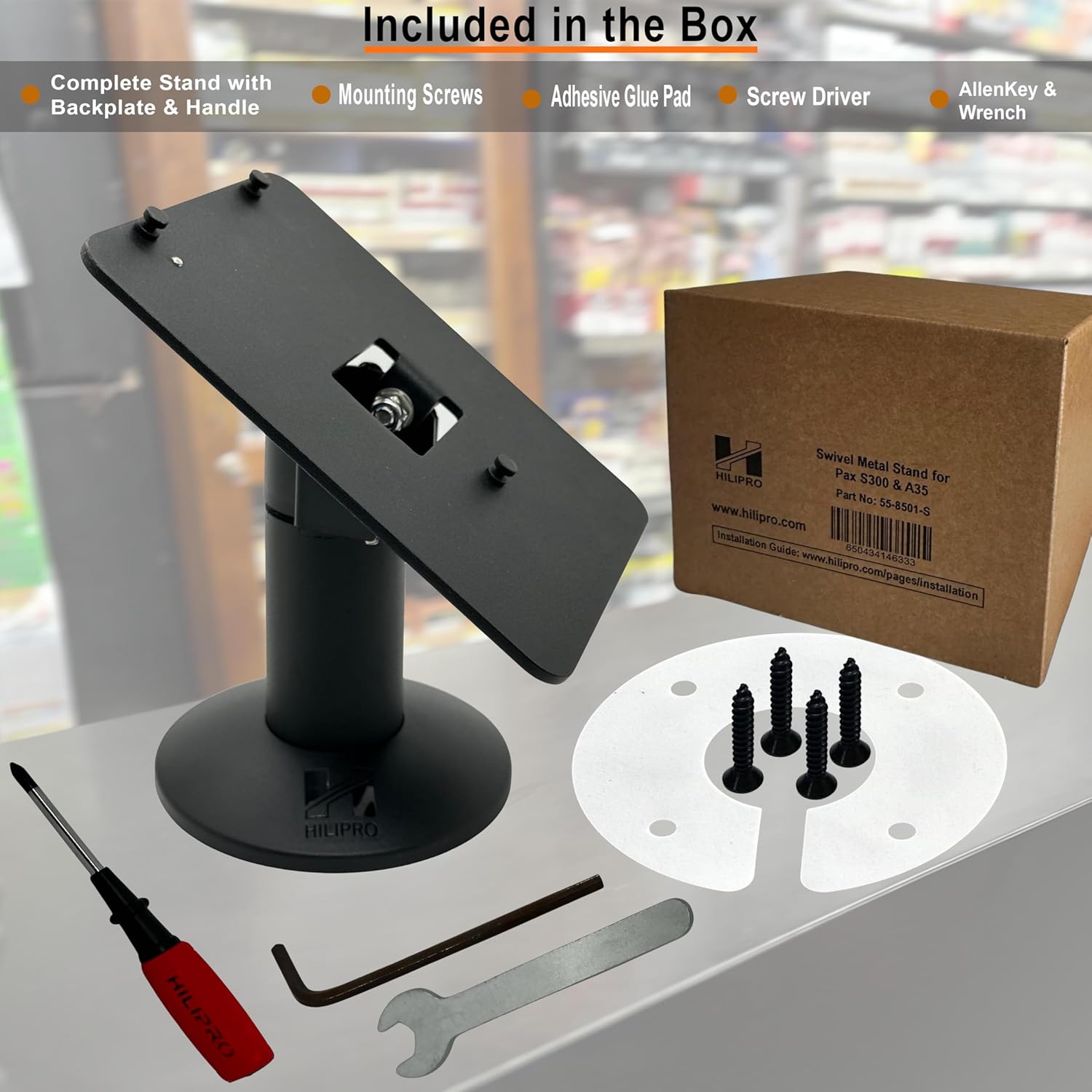 Swivel Metal Point of Sale Stand for Pax PX7, PX5, Aries 8 and Aries 6 - Swivel and Tilts - Complete Kit - Sturdy & Durable POS kit