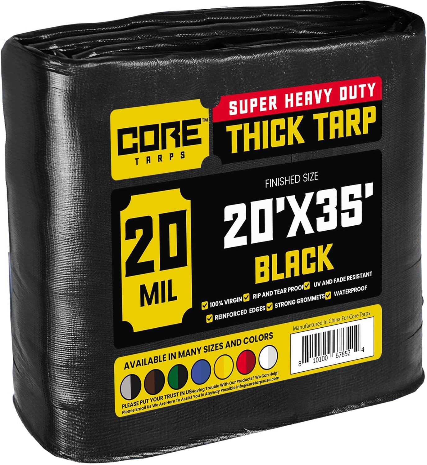 Core Tarps Extreme Heavy Duty 20 Mil Tarp Cover, Waterproof, UV Resistant, Rip and Tear Proof, Poly Tarpaulin with Reinforced Edges for Roof, Camping, Patio, Pool, Boat (Black 20 X 35)