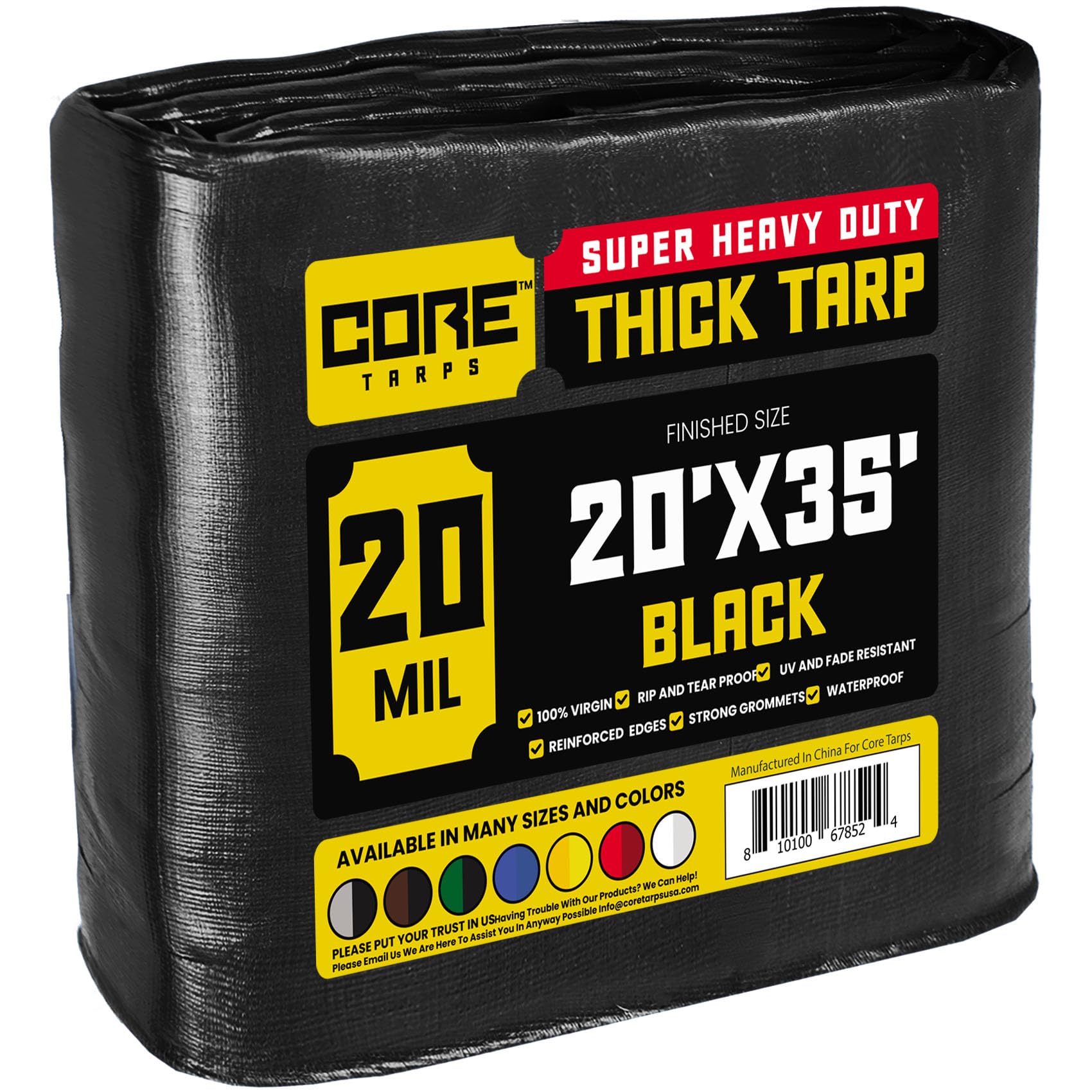 Core Tarps Extreme Heavy Duty 20 Mil Tarp Cover, Waterproof, UV Resistant, Rip and Tear Proof, Poly Tarpaulin with Reinforced Edges for Roof, Patio, Pool, Boat (Black 20′ X 35′)
