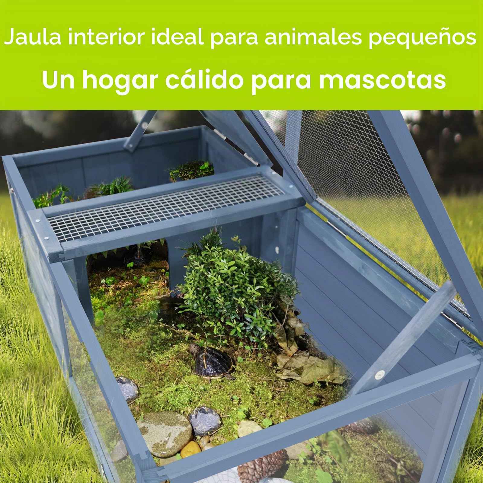 Gran casa de tortugas de madera maciza, recinto para reptiles interior/exterior con bandeja extraíble y ventilación, ideal para tortugas, lagartos, geckos y dragones barbudos