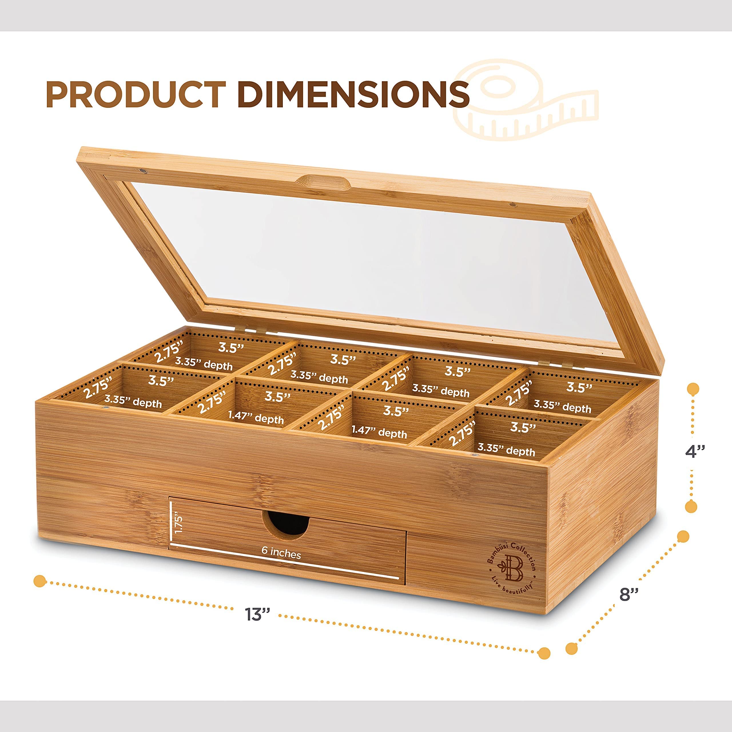 Premium Bamboo Tea Box Organizer Wood Tea Chest with SlideOut Drawer