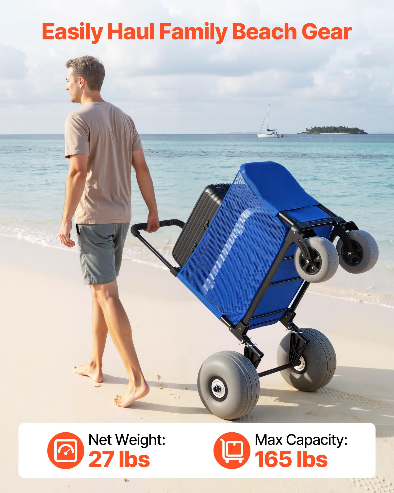 VEVOR Chariot de Plage Tout-Terrain, Chariot de Transport Pliable Charge 75 kg, Charette pour Camping Pêche Jardin Extérieur, avec Roues Ballons de 30 cm, Sac de Rangement et Hauteur Réglable