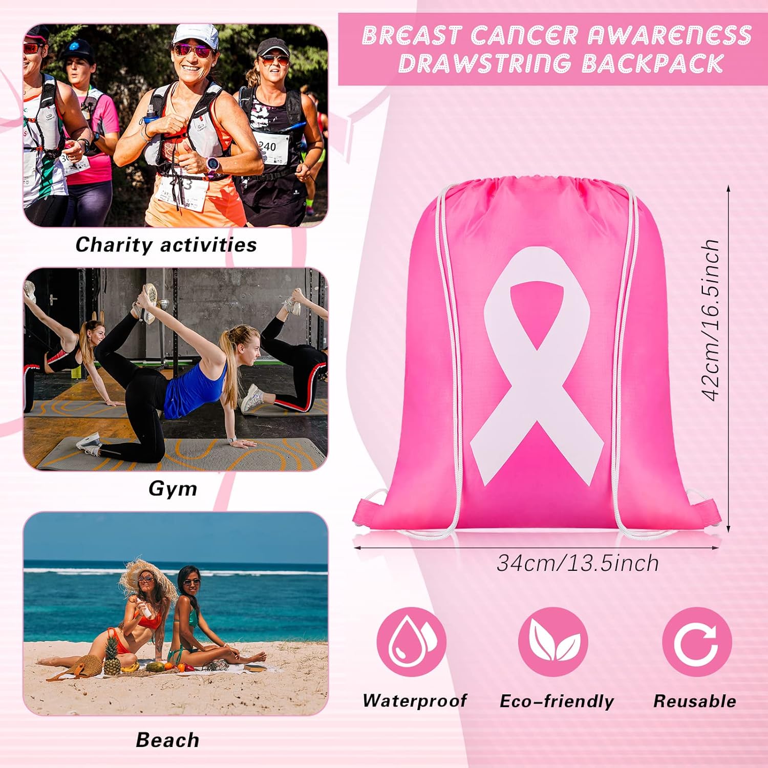 LEIFIDE 24 Pcs Breast Cancer Awareness Bulk Items Drawstring Backpack Pink Ribbon Bags for Women Charity Events Party Gifts