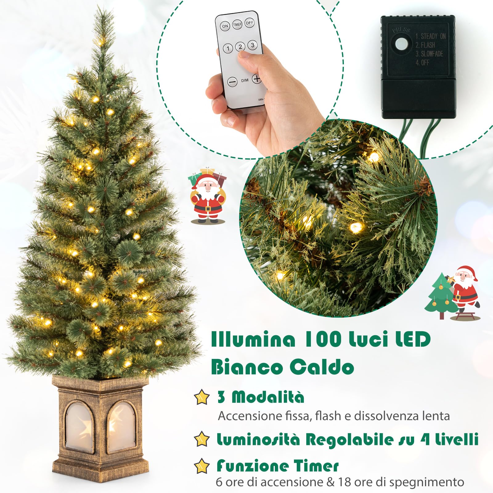 COSTWAY Albero di Natale Piccolo da Tavolo 120 cm, Albero di Natale Artificiale in Vaso con Luci e Rami Densi, Decorazione Natalizia per Casa, Ufficio e Negozio (Verde e Bronzo)