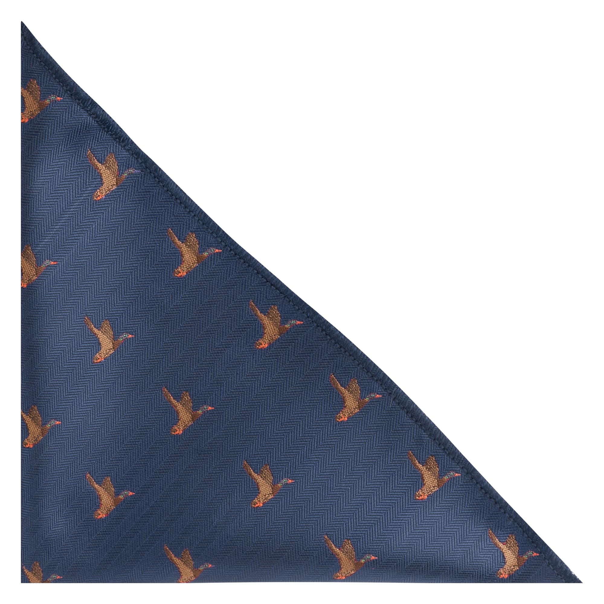 King & Priory Flying Duck Navy Blue Herringbone Embroidered Pocket Square, Handkerchief