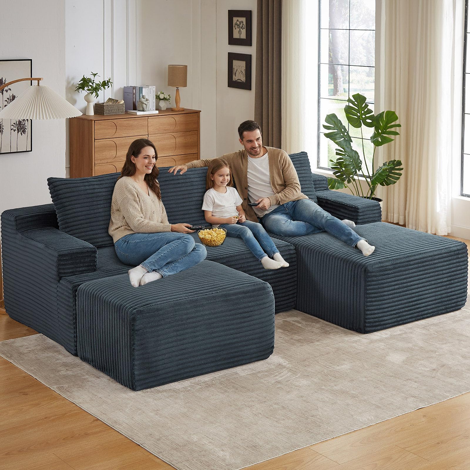 96" U-Shape Cloud Couch, Modern Modular Sectional L-Shape Sofa with Ottoman, Corduroy Upholstered Couches Deep Seat Sleeper Chaise Longue for Living Room, No Assembly Required(Dark Gray, Right Facing)