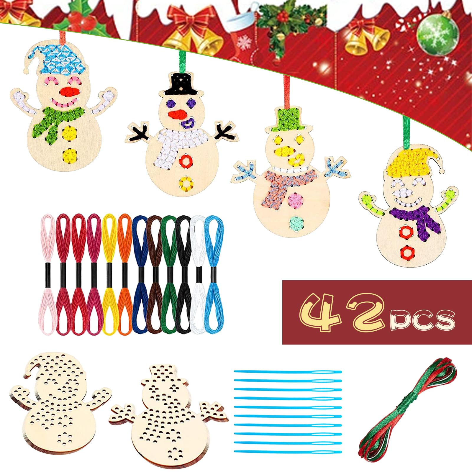Lunriwis Christmas Decoration Crafts 42 Pieces Craft Set for Children for Christmas, Pendant with Wooden Painting, Snowman Wooden Craft Set, Christmas Crafts for Children Made of Wood