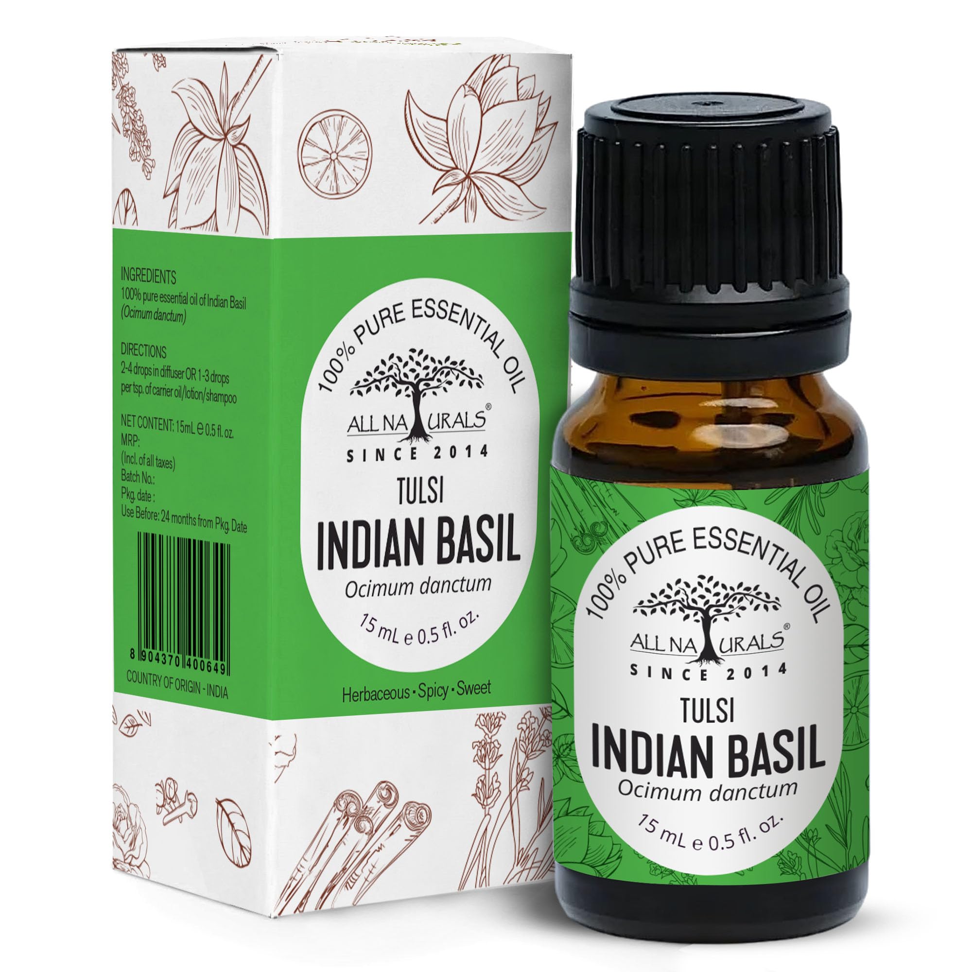 Tulsi Essential Oil (15 Ml)|Versatile Essential Oil For Home Fragrance|Pure & Natural|Tulsi Oil For Spirituality & Focus|Disinfection,Insect-Repellent,Anti-Fungal|Essential Oil For Skin