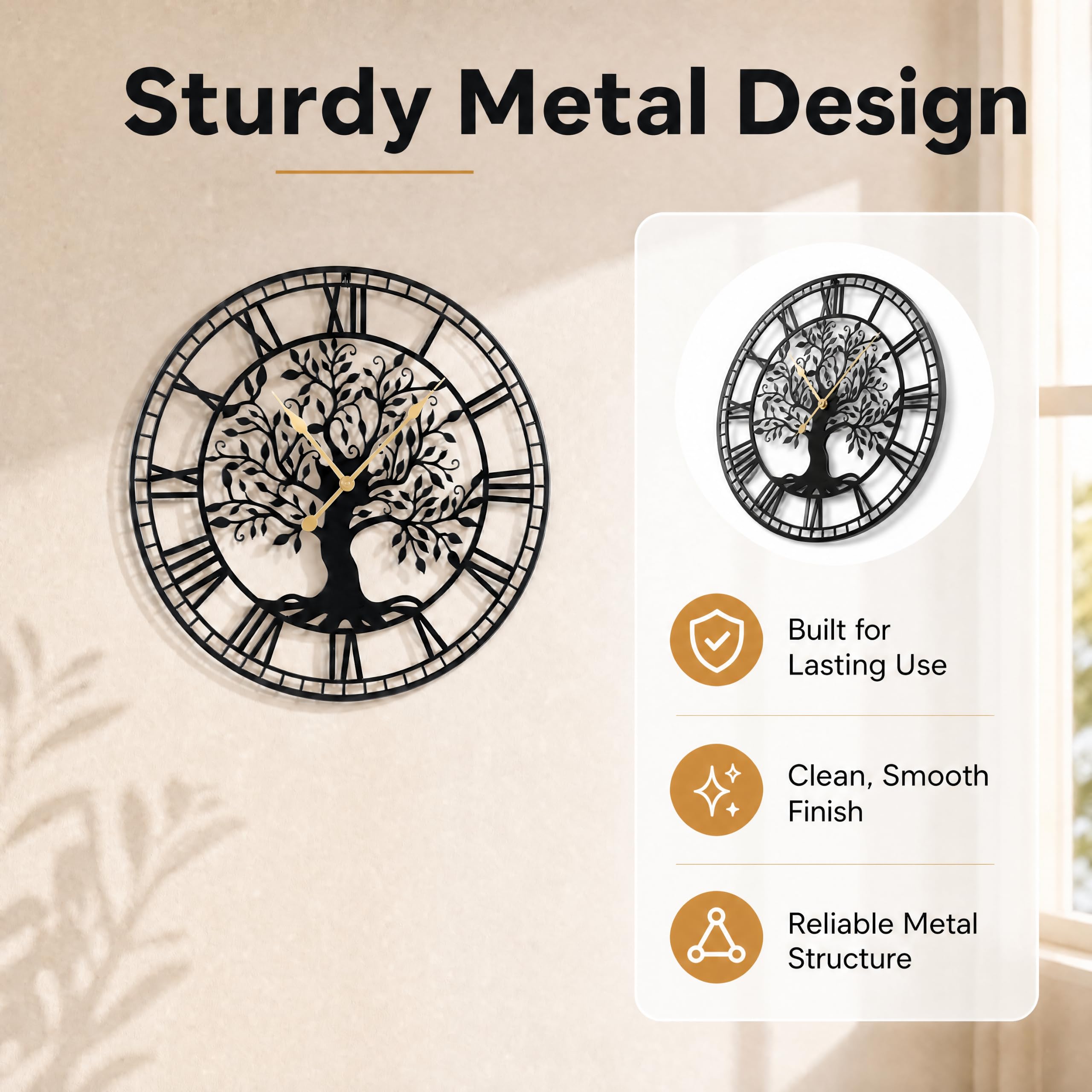 LIFEZEAL Große Wanduhr, leise, 68 cm, Wanduhr im modernen Design, Baum des Lebens, aus Metall, Pendel ohne Ticken, batteriebetrieben, Wanddekoration für Wohnzimmer, Schlafzimmer, Büro (Stil 1)