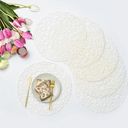 IcosaMro Juego de 6 manteles individuales redondos blancos para mesa de comedor, 15 pulgadas, tejido de papel, bohemio, decorativo, para boda,