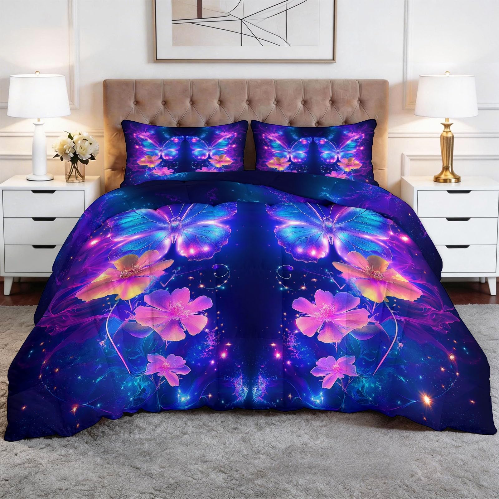Couette 240x260 cm imprimée pour transformer votre chambre en un cocon bleu-violet étoilé