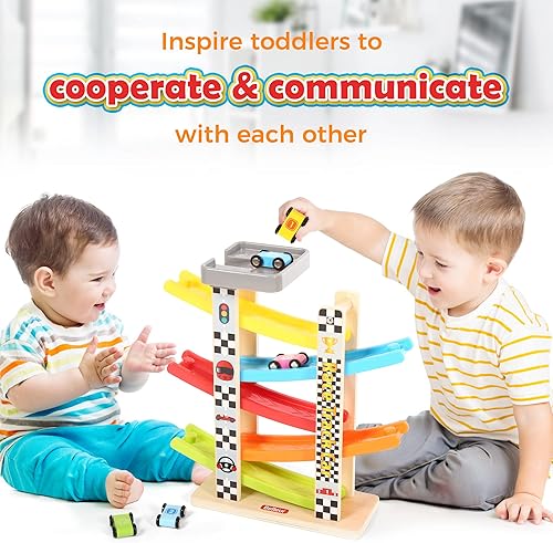 Miniatura 5 de Juguete Montessori para niños y niñas de 1 a 3 años, auto de pista de carreras para niños pequeños con 5 mini autos y 5 rampas, juego de rampa