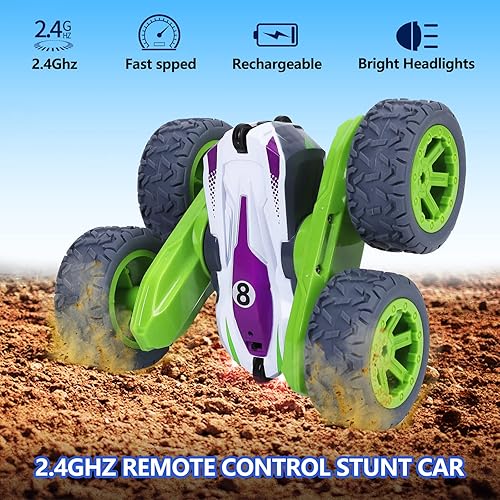 Miniatura 4 de GIMMYFIVE Paquete de 2 autos de acrobacias a control remoto de doble cara con 360 giros, faros LED