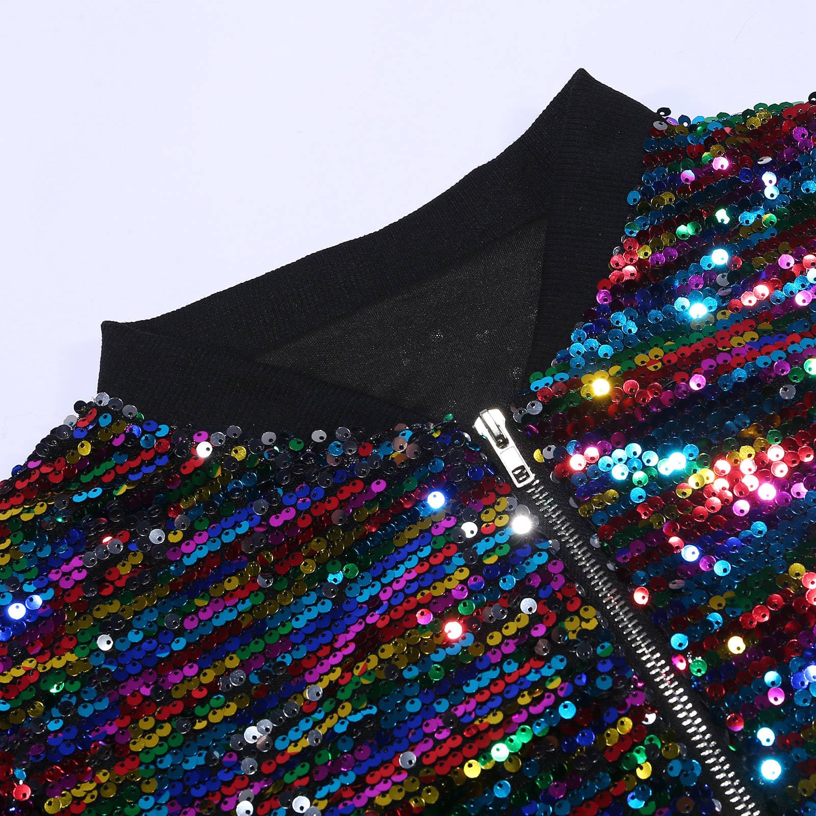 Pailletten Jacke Damen Bunt Glitzer Bomberjacke Glitzernde Jacken Langarm Glänzend Glitzer Bomber Jacke Kurzer Reißverschlussmantel Pailletten Blazer Rave Outfit Metallisches Festival Mantel Jacket