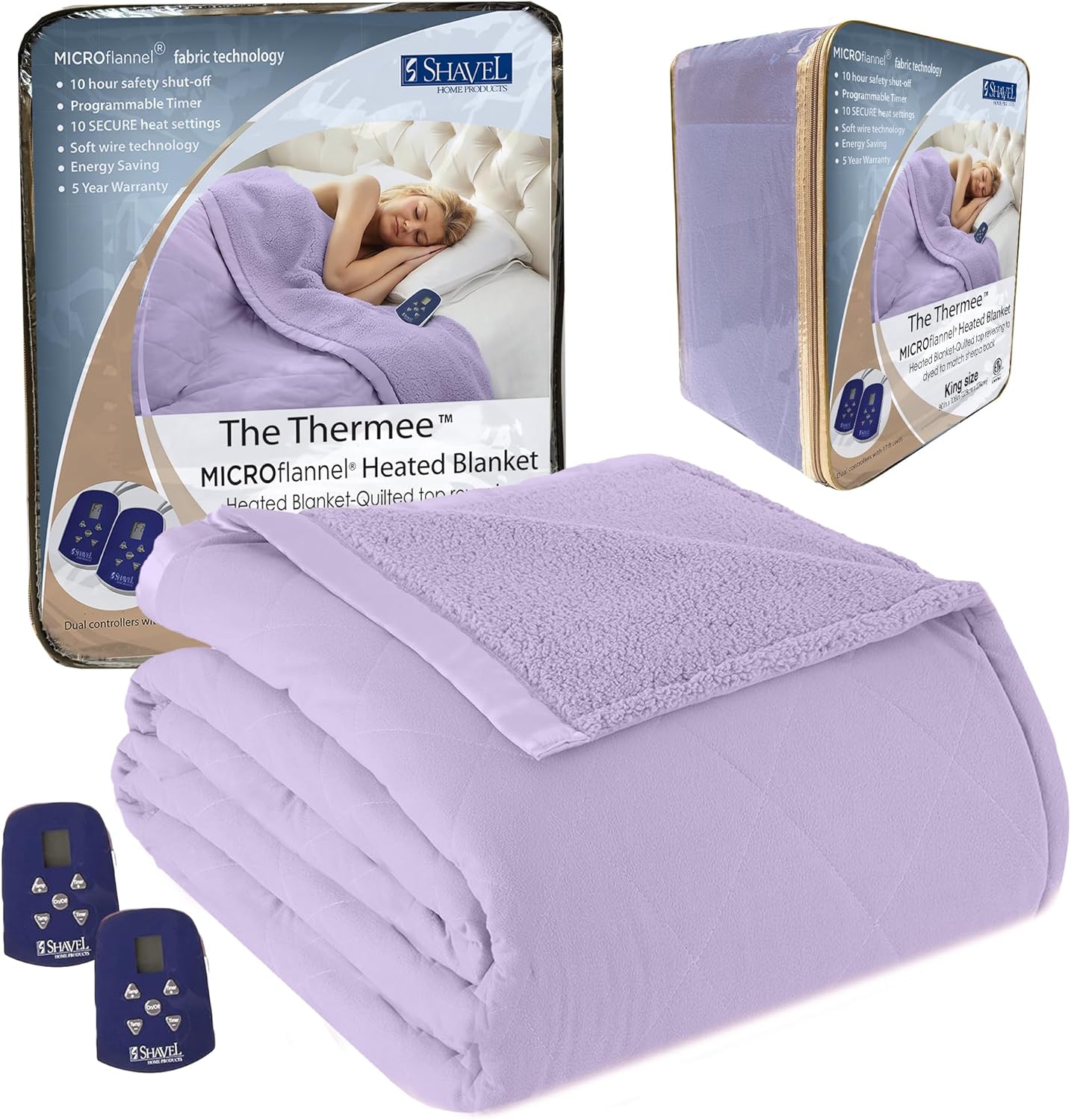 Thermee Micro Flannel Heated Blanket with Sherpa Back, 10-Setting Programmable Electric Blanket - King Size, Ultra-Soft Heated Throw - Lilac