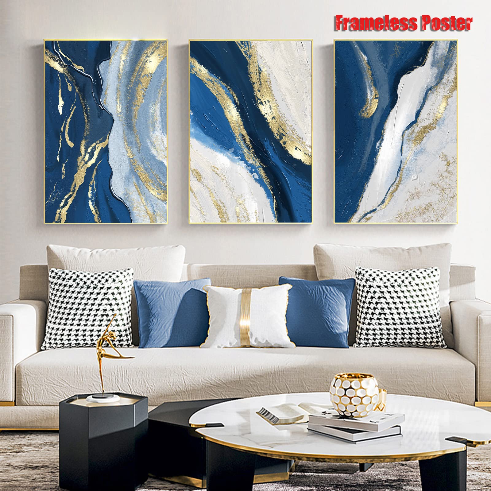 Amazon.co.jp: 抽象的な青と金のウォールアート 青の抽象画 ホワイト