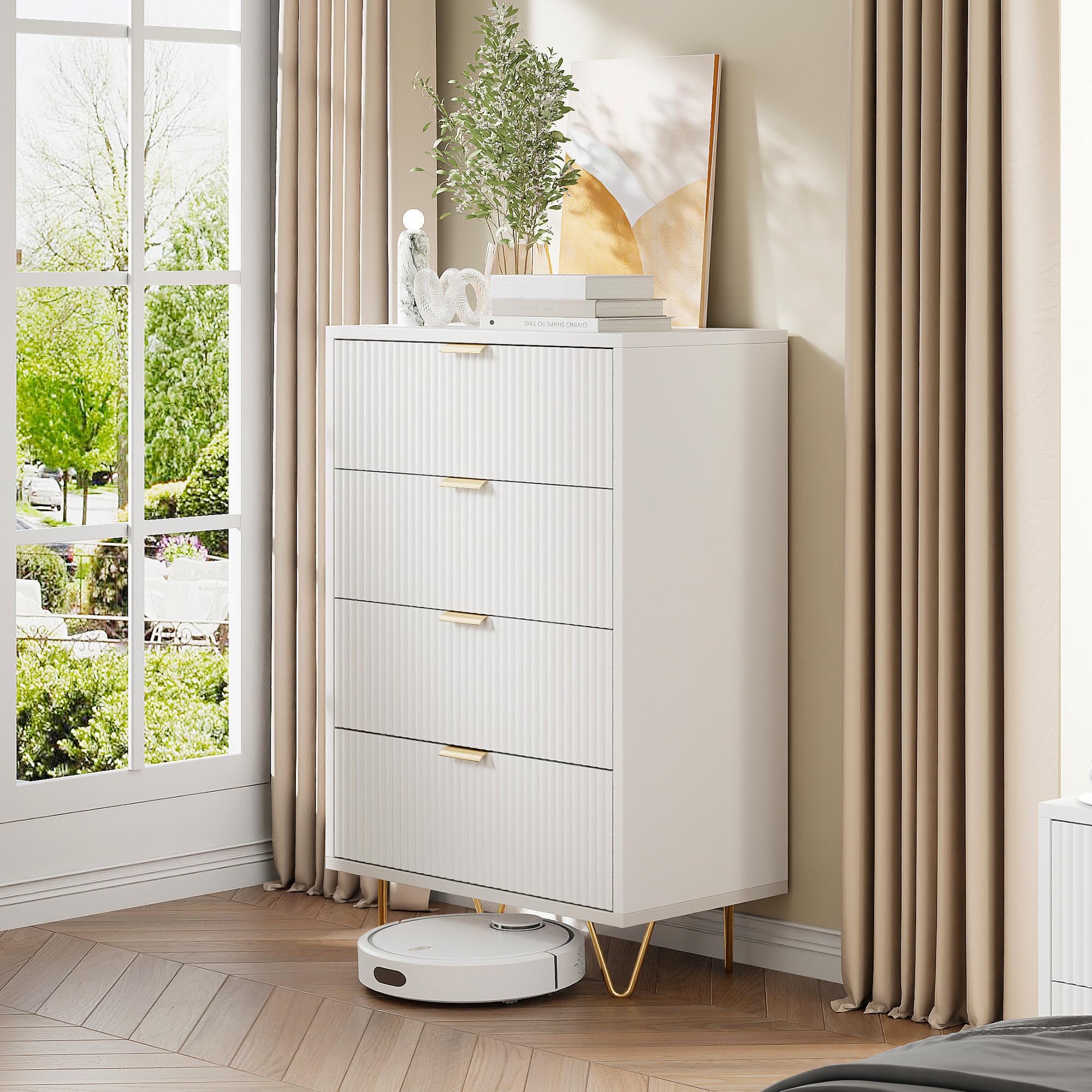 Comò Bianca con 4 cassetti, Cassettiera Scandinavo Moderno con Gambe e Maniglie in Metallo Oro, per Camera da Letto, Soggiorno, 60x34x90cm
