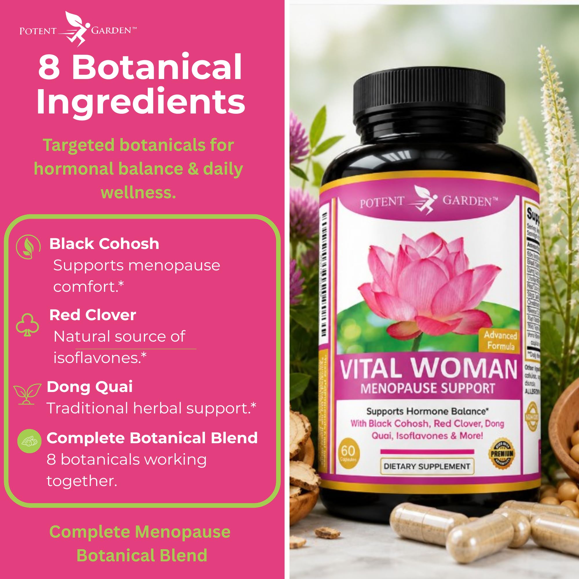Potent Garden Menopause Support for Women with Black Cohosh, Soy Isoflavones, Red Clover & Dong Quai | Hot Flash & Night Sweat Support | 60 Capsules, 30 Day Supply — Amazon image 4