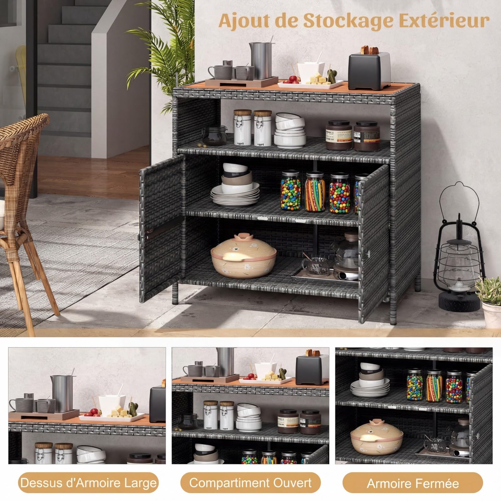 COSTWAY Armoire de Rangement Exterieur en Rotin, Jardin avec Plateau en Bois d'Acacia, Buffet 2 Portes, Gris