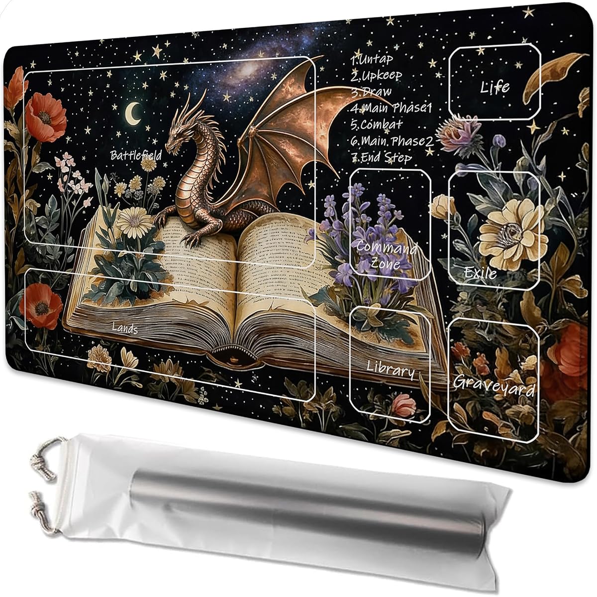 Playmat for MTG Dragon Flowers Spell Books Magic Play Mat 24x14 Inch Card Game Mat for Magic The Gathering TCG PTCG Playmat with Free Storage Bags Non-Slip Backing and Stitched Edge
