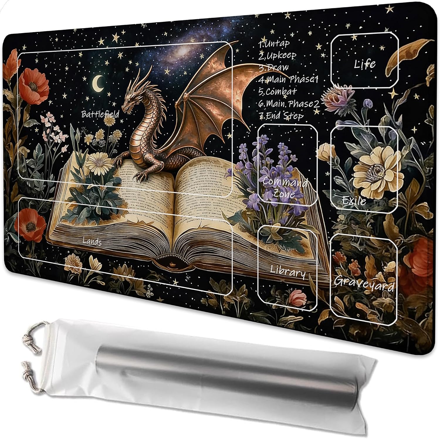 Playmat for MTG Dragon Flowers Spell Books Magic Play Mat 24x14 Inch Card Game Mat for Magic The Gathering TCG PTCG Playmat with Free Storage Bags Non-Slip Backing and Stitched Edge