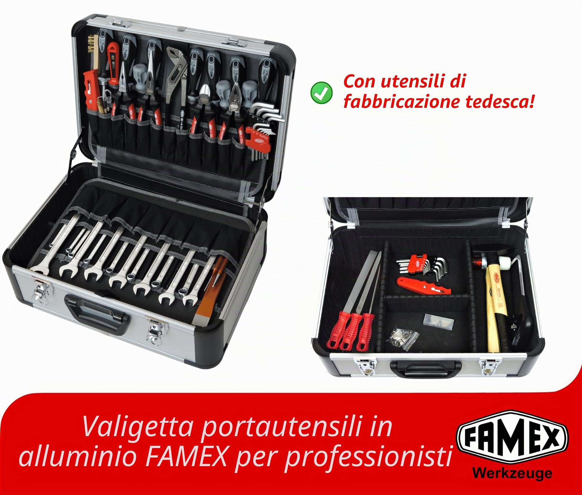 FAMEX Cassetta degli attrezzi in alluminio 420-88, riempita con set di attrezzi di alta qualità, espandibile, per uso commerciale
