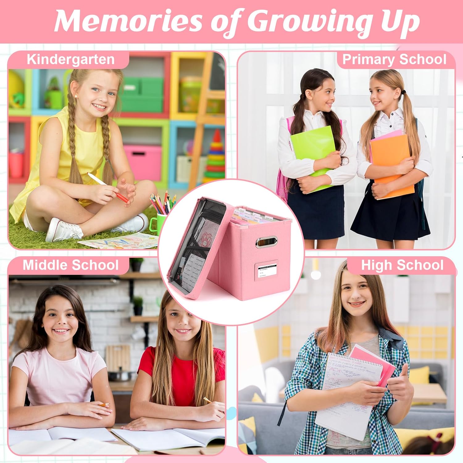 DOSTATNI School Years Organizer Kit K-12 School Years Memory Keeper with 15 Hanging File Folders Plastic 4 different Labels Memory Keepsake Box for kids Storage Pictures File Keeper (Pink)