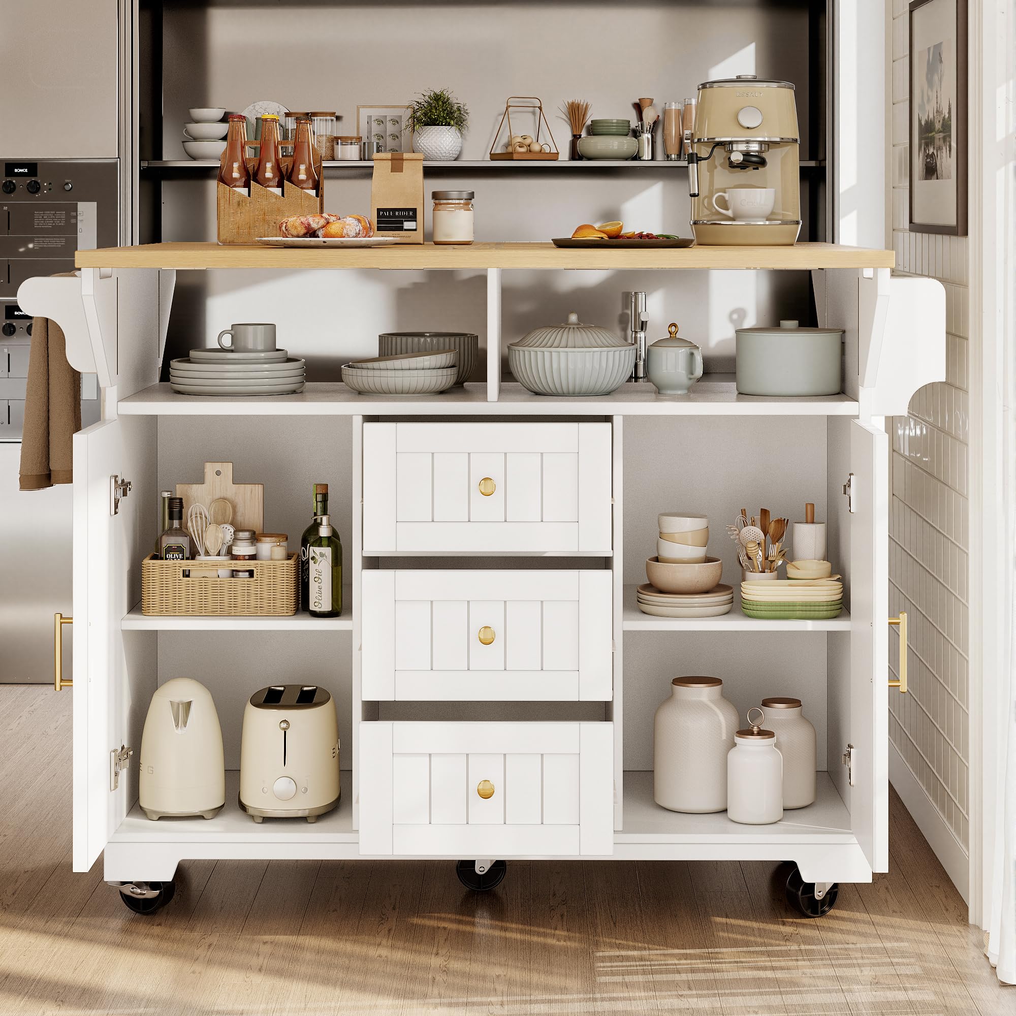Sapgaks Îlot de Cuisine,Meuble,Buffet 120 x 40 (80) x 95 cm,Chariot de Cuisine Extensible à roulettes, Extensible des Deux côtés, avec Porte-Serviettes et étagère à épices,Trois tiroirs,(Blanc-4)