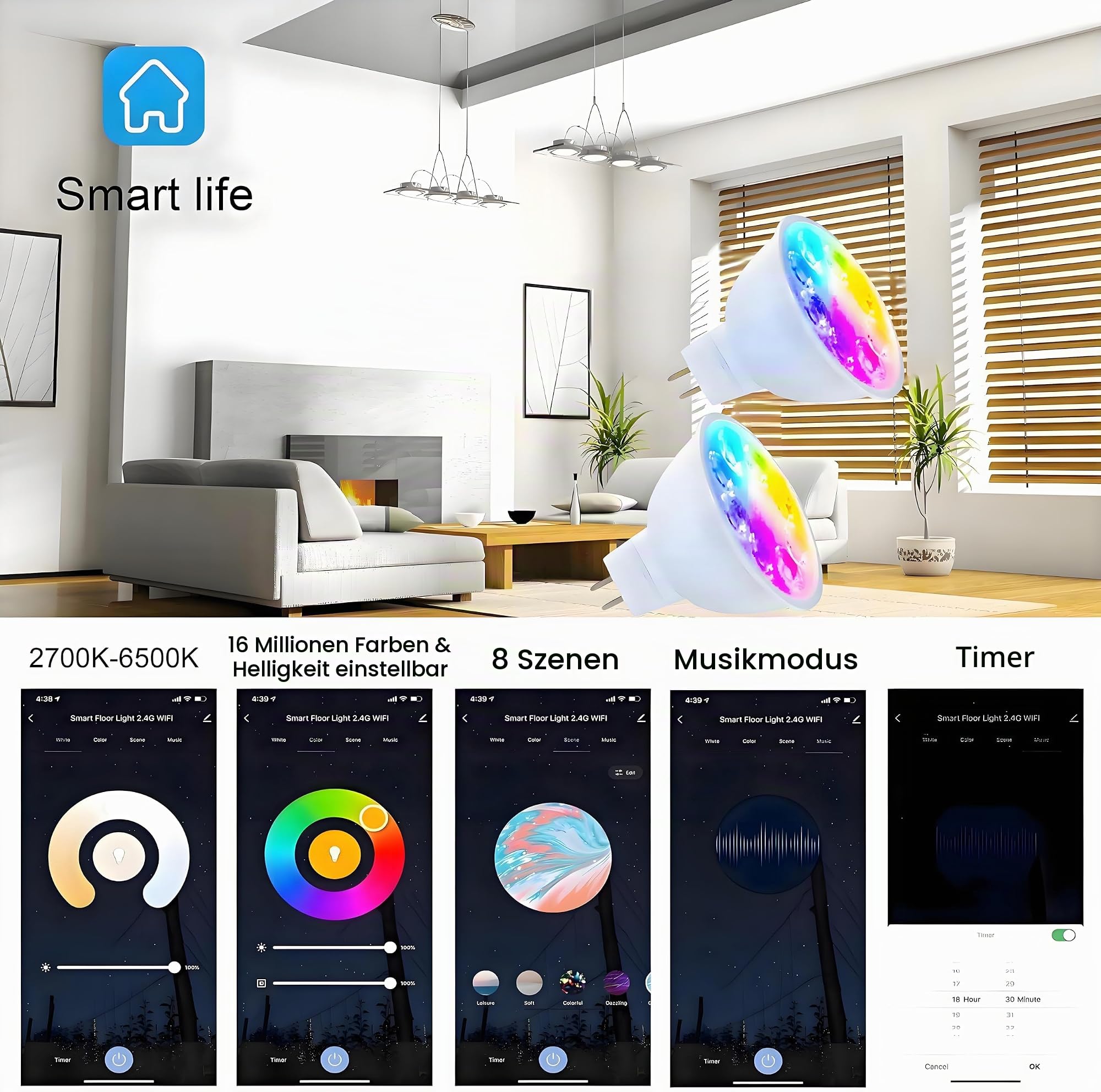 Wixann MR16 GU5.3 LED Smart RGB Glühbirne,5W 12V 3000K weiches Warmweiß,GU5.3 Bi-Pin-Sockel,40 Grad Spotbeleuchtung für Landschaftsschienenlampen im Innen und Außenbereich (4Pack)