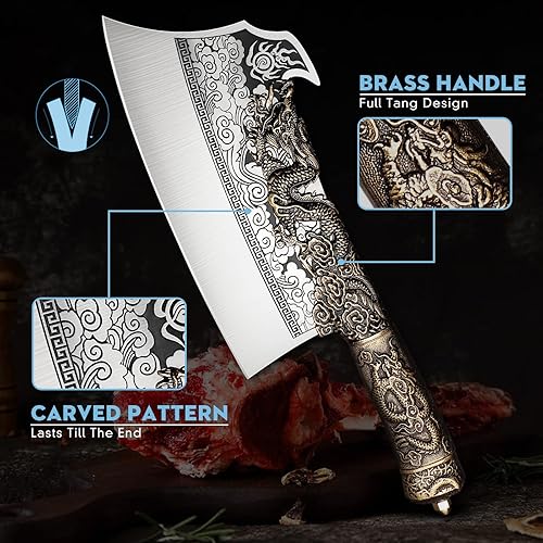 Miniatura 6 de ROCOCO Cuchillo de carnicero de dragón de 2 libras, cuchillo de carnicero resistente de 9.5" de corte de carne y hueso, gran cuchillo vikingo