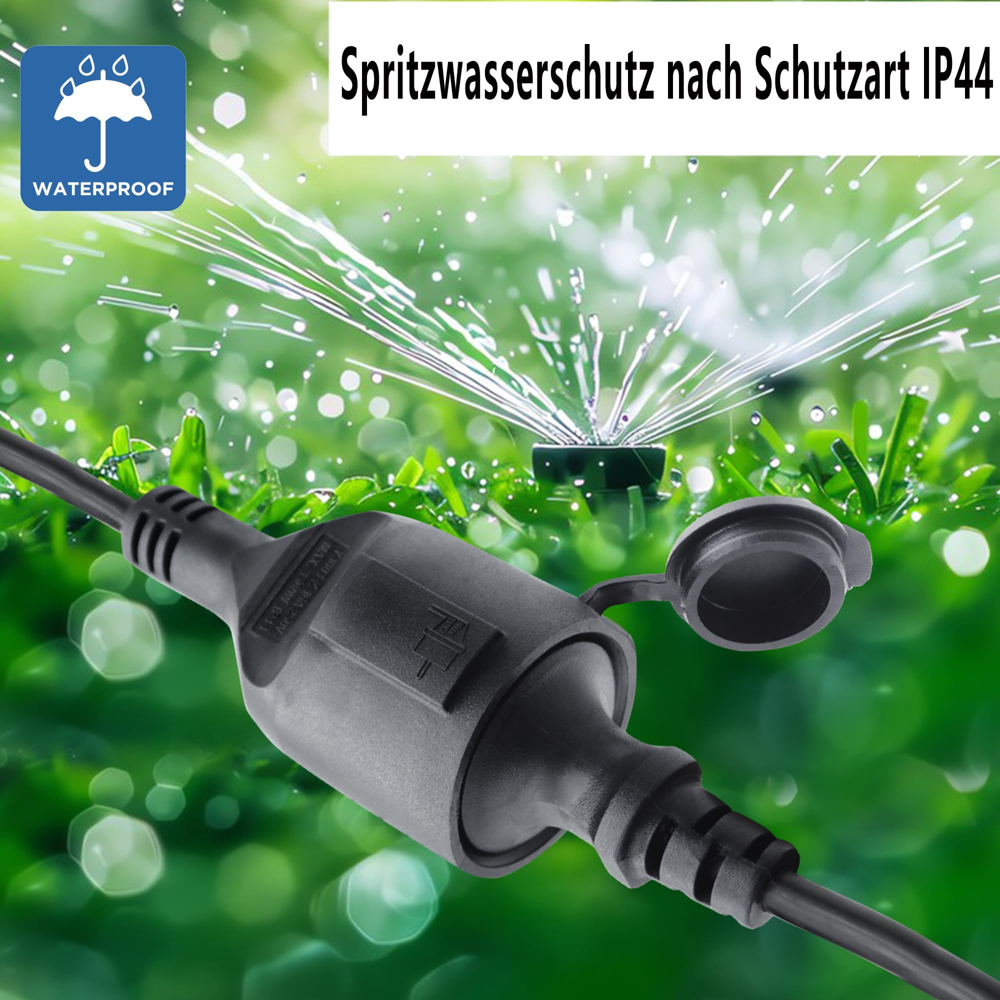 Cavo di prolunga corto Schuko 2 a 1, cavo di prolunga per esterni con spina Schuko, 3 x 1,5 mm², 16 A, 250 V, IP44 per casa, Y (nero diretto, 0,5)