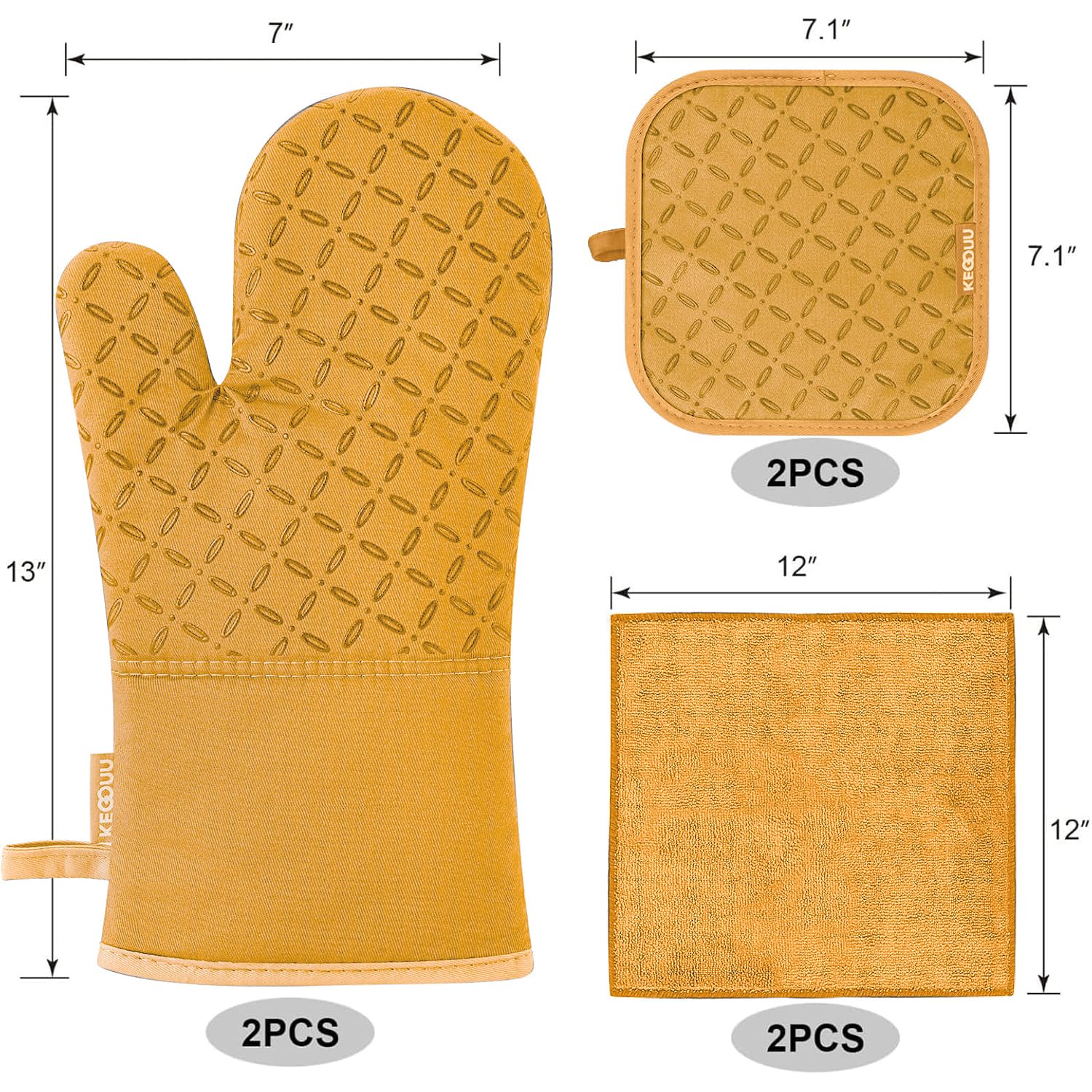 KEGOUU Ofenhandschuhe und Topflappen, 6-teiliges Set, Küchenhandschuh, hohe Hitzebeständigkeit, 500 Grad, extra lange Ofenhandschuhe und Topflappen mit rutschfester Silikonoberfläche zum Kochen