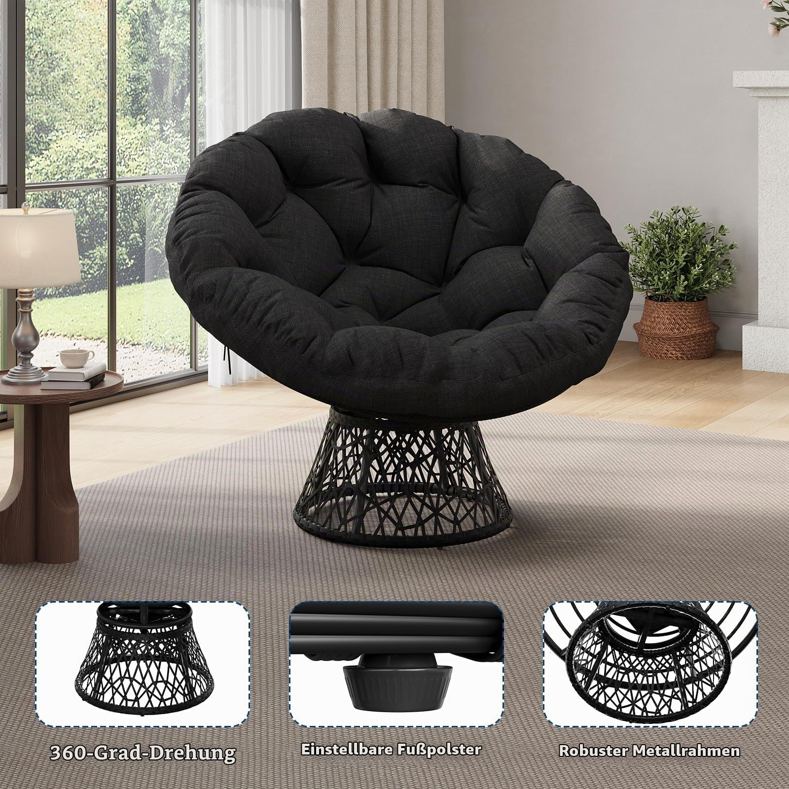 360° Swivel Schaukelstuhl Max.160Kg Schaukelsessel | 125x90x40cm | 15cm dickes Kissen | Stabiler Stahlrahmen