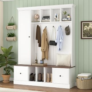 Garage Lockers with Bench Hall Tree, 62.2 in Farmhouse Entryway Storage
