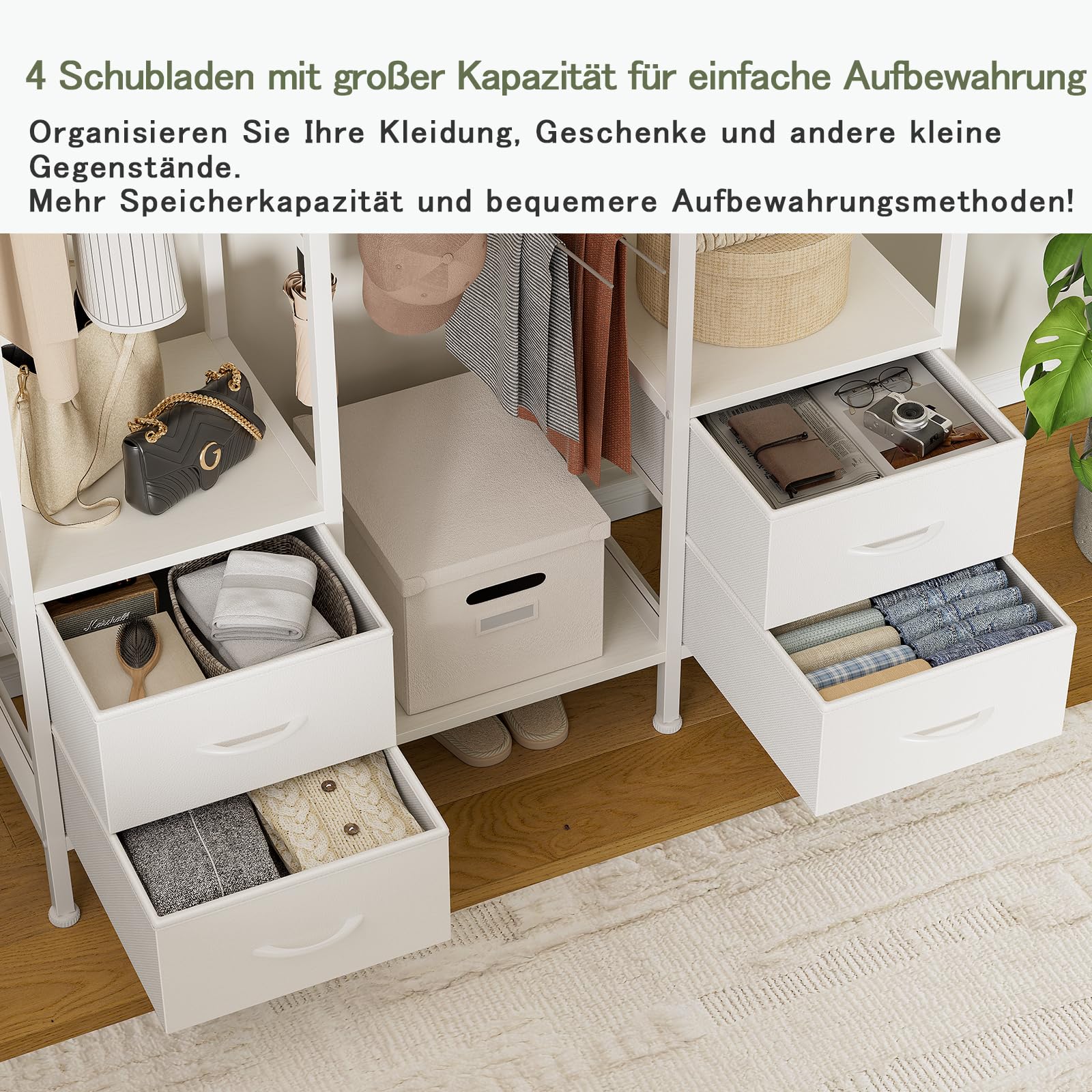 Schlafzimmer Kleiderschrank, Stoffschubladen & Hängeregale， Weiß
