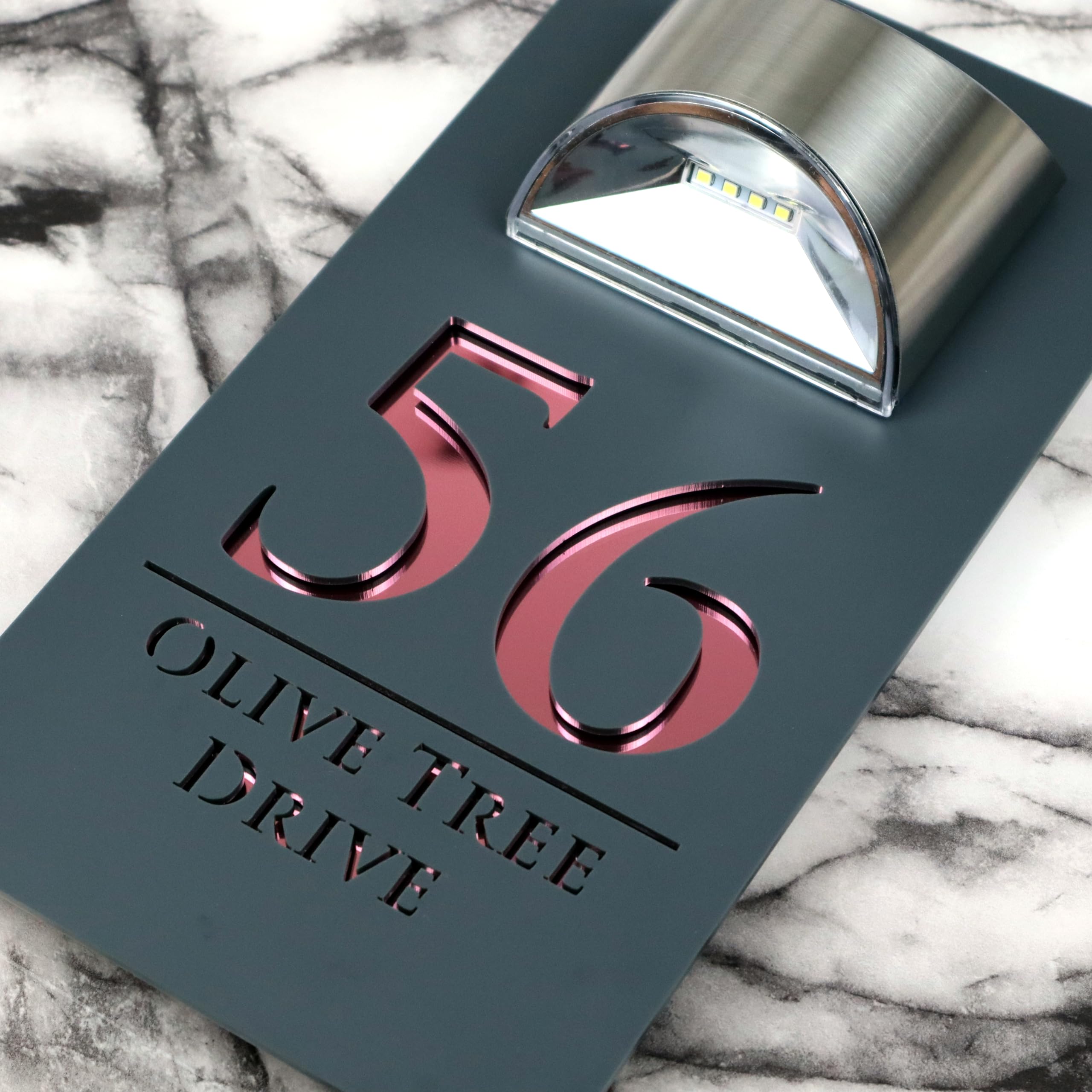 K Smart Sign | Bellissima LED F32 | Contemporary House Signs Plaques Door Numbers 1-9999 Street Name SOLAR LIGHT LED For Wall Personalised Laser Cut Mirror! (Matt Gray & Rose Gold Mirror) — image 1