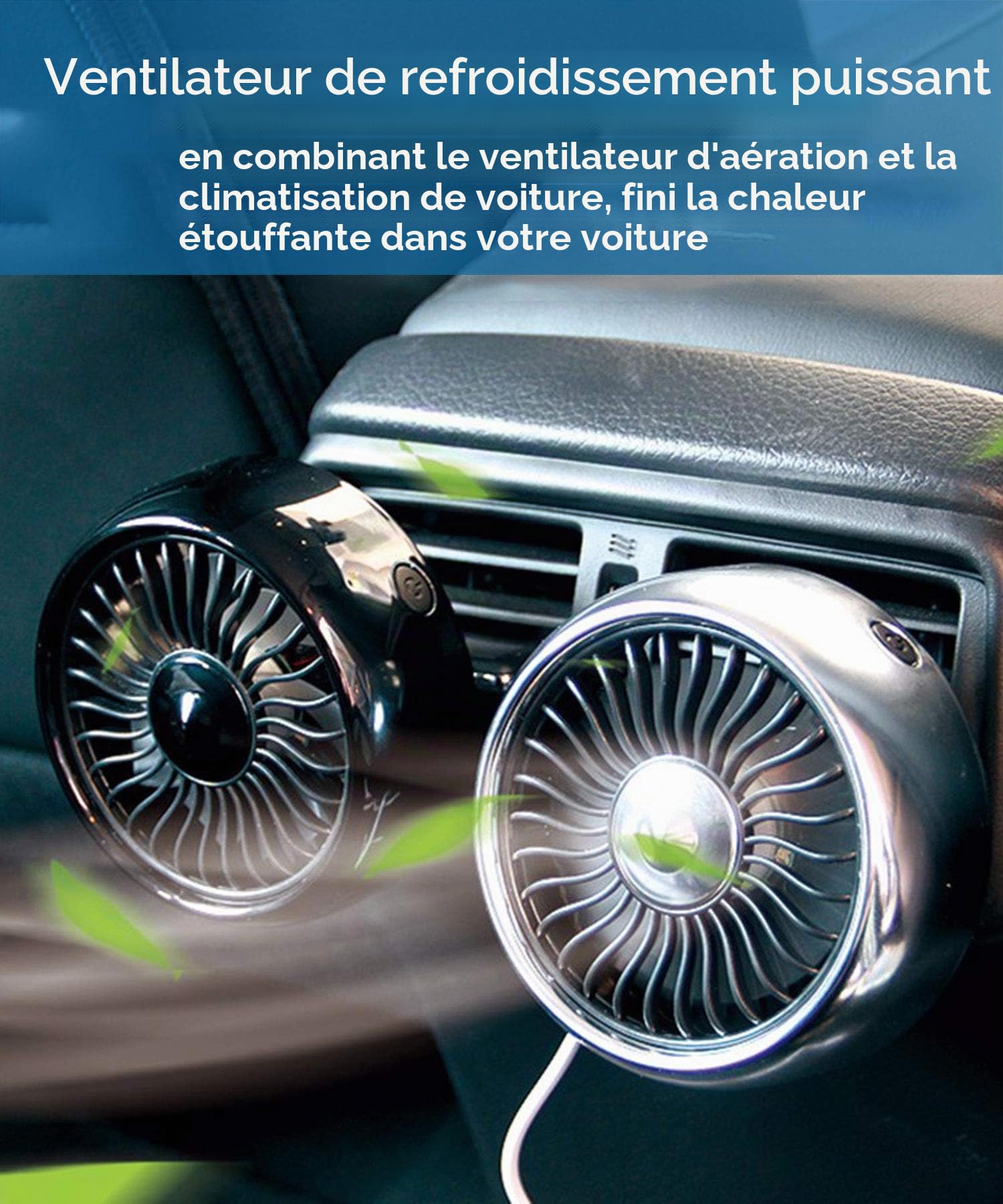 Kwak's Mini ventilateur pour voiture grille d'aération du ventilateur avec LED ABS ventilateur autocollant Support voiture ventilateur de refroidissement, pour le bureau de la maison de voiture(noir)