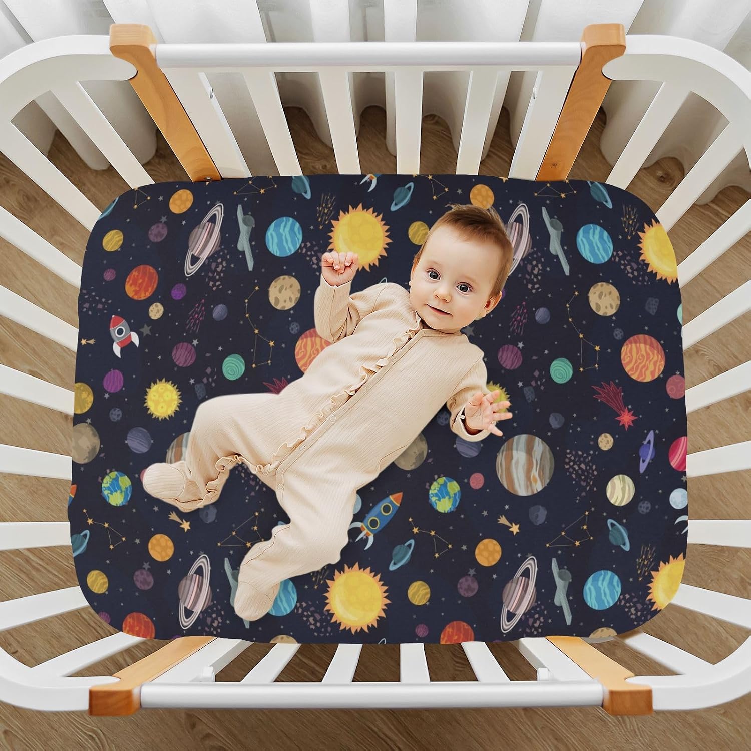 Solar System Planets Crib Sheets for Boys Girl Cartoon Galaxy Outer Space Planets Playard Sheets Fitted Toddler Baby Bed Sheets Spaceship Rocket Unisex Mini Crib Mattress 27x39 Inch