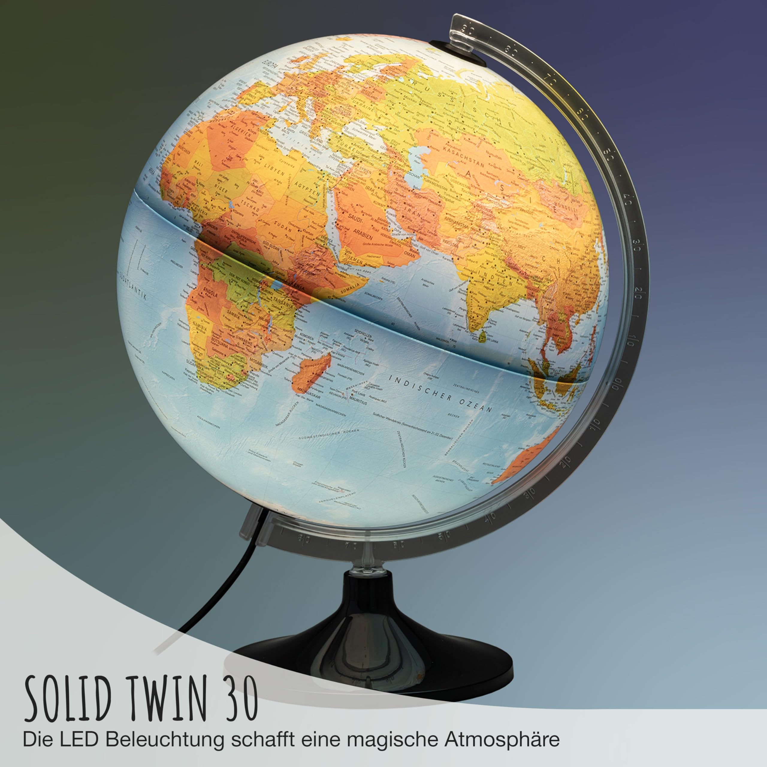 Solid Twin 30 - Leuchtglobus - beleuchteter 30cm Globus mit stabilem Standfuß, physisch/politische Doppelbild-Kartografie in deutscher Sprache