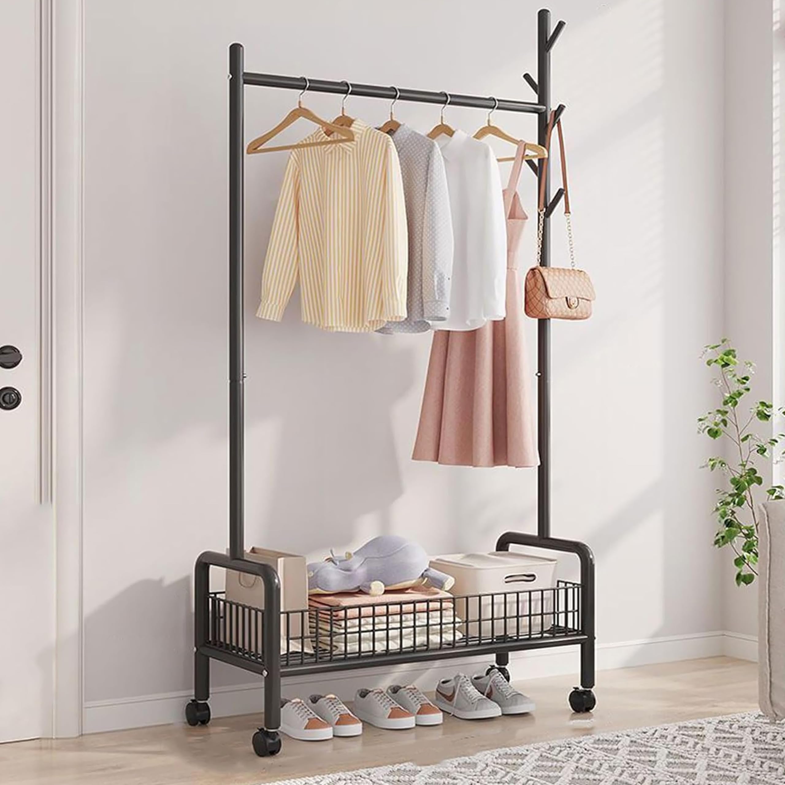 ADA High-Density Metal Cloth Rail, Multipurpose Cloth Garment Stand Organizer With Wheels, Bottom Shelve & 5 Side Hooks For Home - Size - (89 x 34 x 172) cm - Black