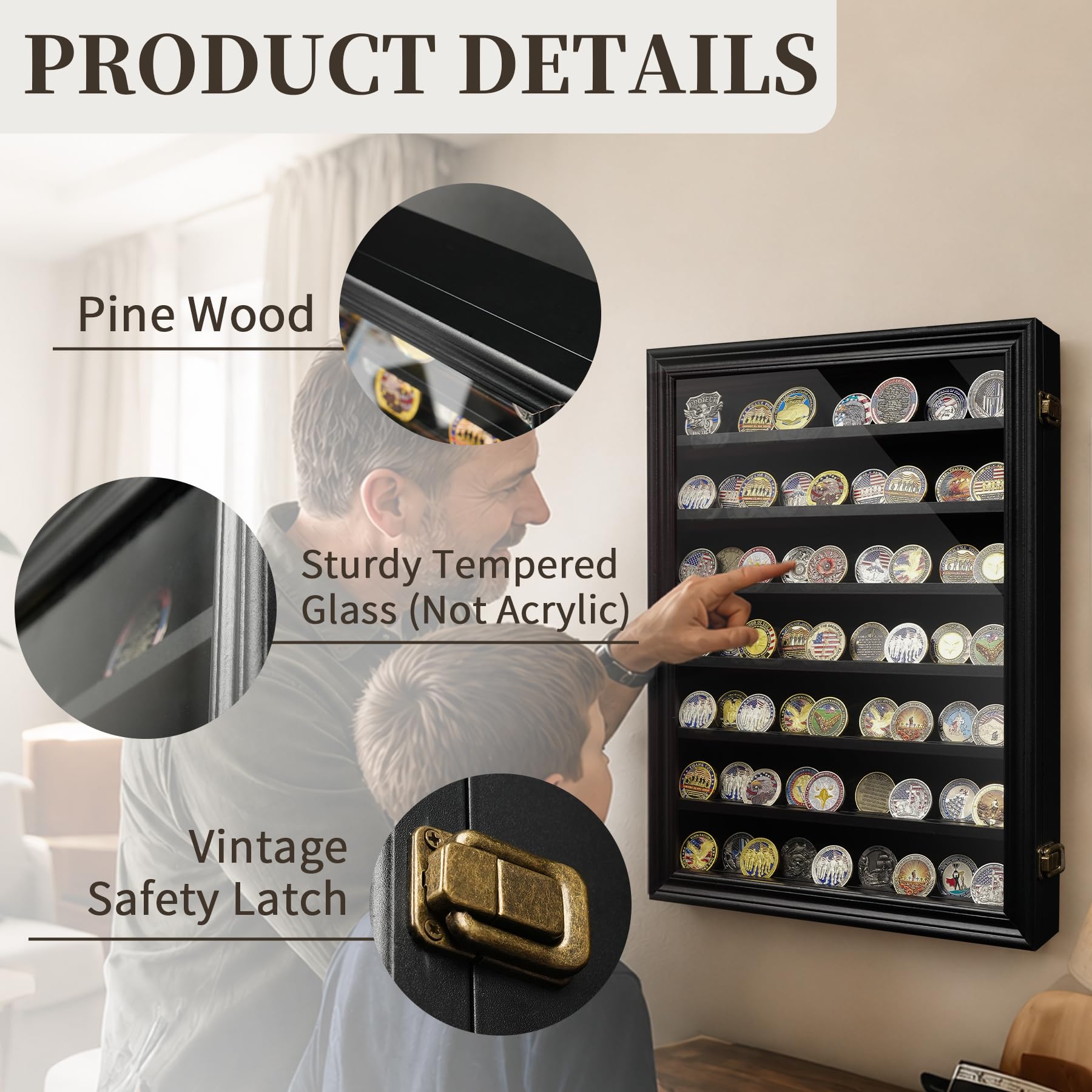 ASmileIndeep Challenge - Soporte de pared para exhibición de monedas con puerta de vidrio HD, 7 filas de monedas militares, con capacidad para 100 monedas, caja de exhibición de medallas de madera
