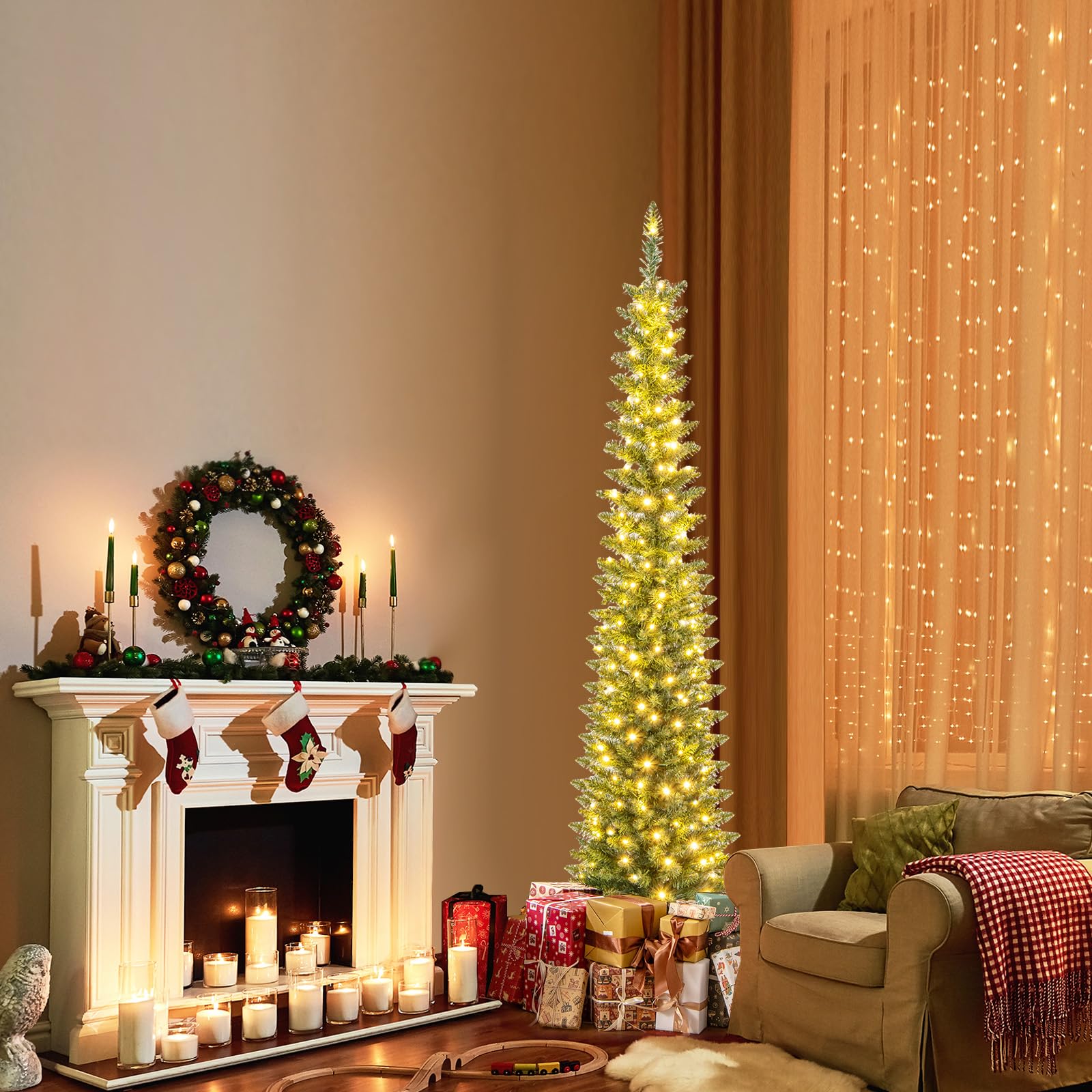 COSTWAY Albero di Natale Slim da 150/180/210 CM, Albero di Natale Artificiale con 150/180/200 Luci LED Bianche Calde, 296/390/499 Punte di Ramo e Supporto Pieghevole in Metallo (180 cm)
