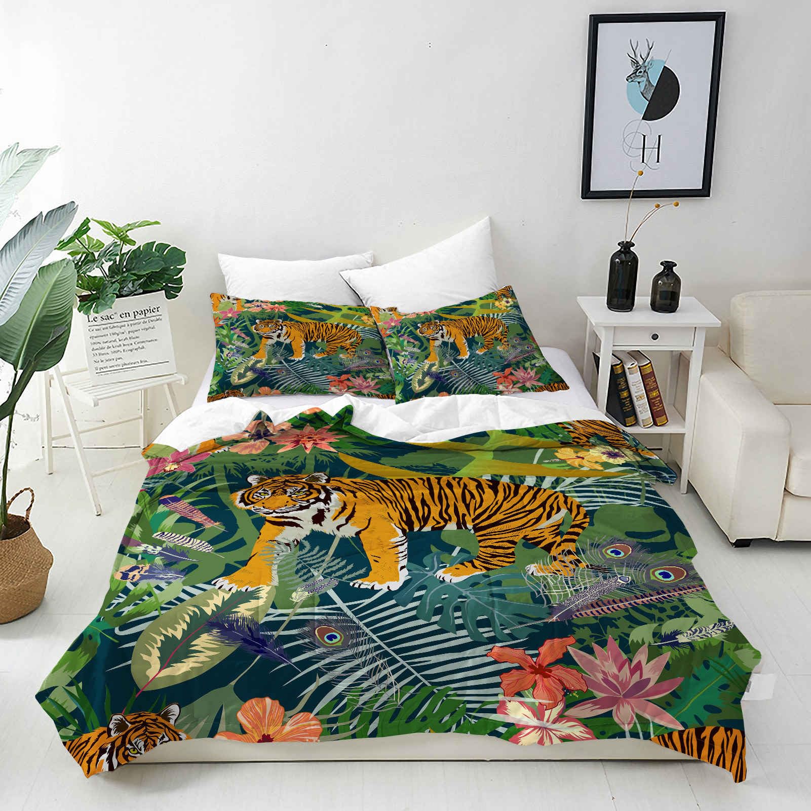 ANHOPE Custom Duvet Cover & Pillowcase Customized Size Bedding Set with Tropical Tiger Leaf Flower Printed Pattern Personalised Quilt Cover for All Season