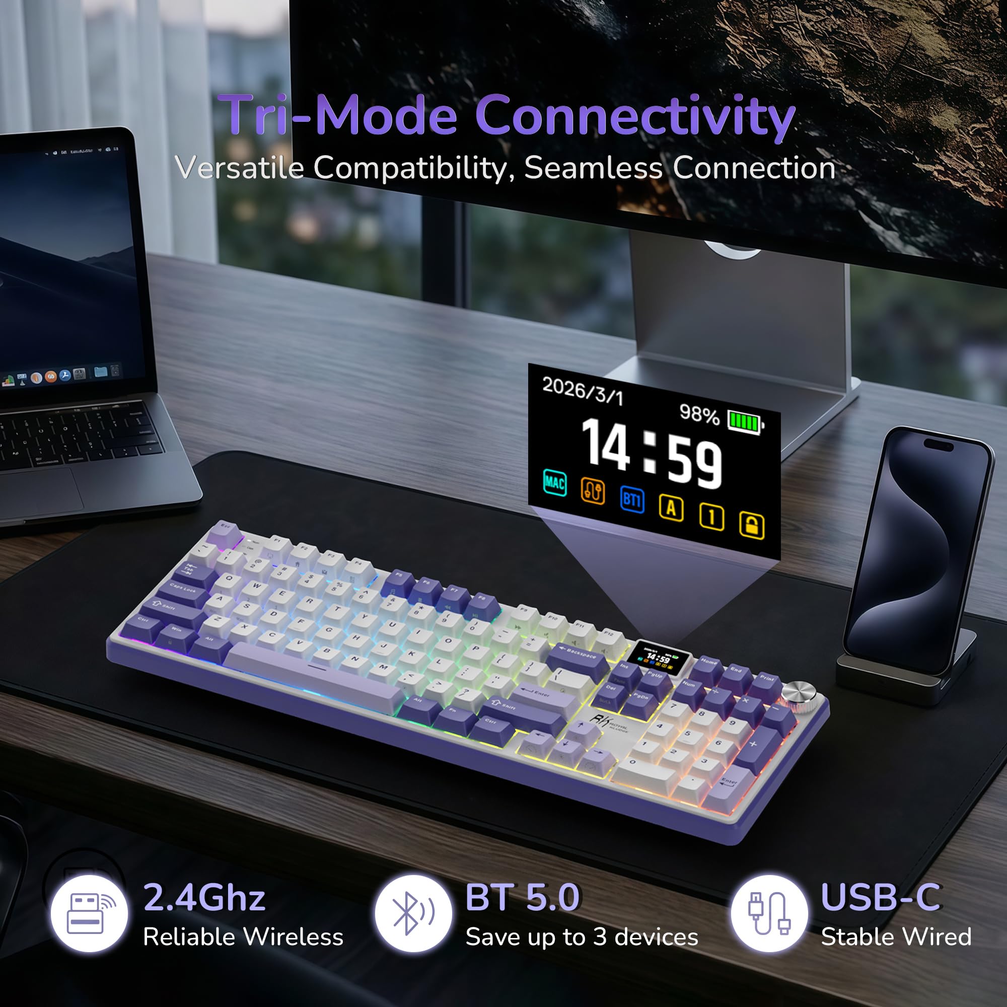 RK ROYAL KLUDGE Teclado mecánico inalámbrico S104 con pantalla y perilla, teclado para juegos de tamaño completo con batería de 8000 mAh, interruptores prelubricados con retroiluminación RGB