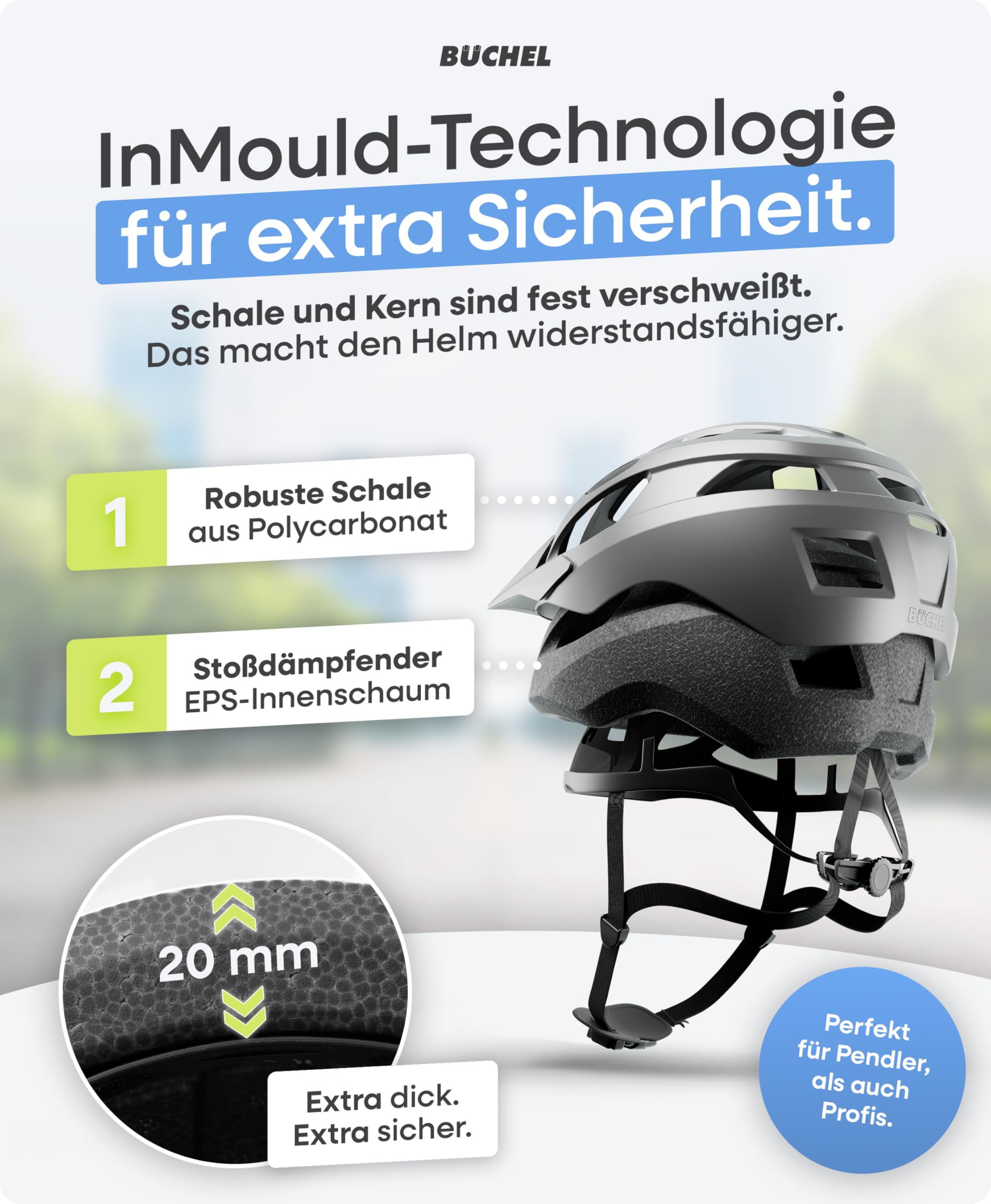 BÜCHEL Fahrradhelm mit In-Mould Technologie & Cam Lock - Helm für Kinder, Damen und Herren, mit Kinnpolsterung und waschbarem Fliegennetz - Fahrrad Helm 52–57cm & 58–61 cm | Schwarz, Weiß, Grau