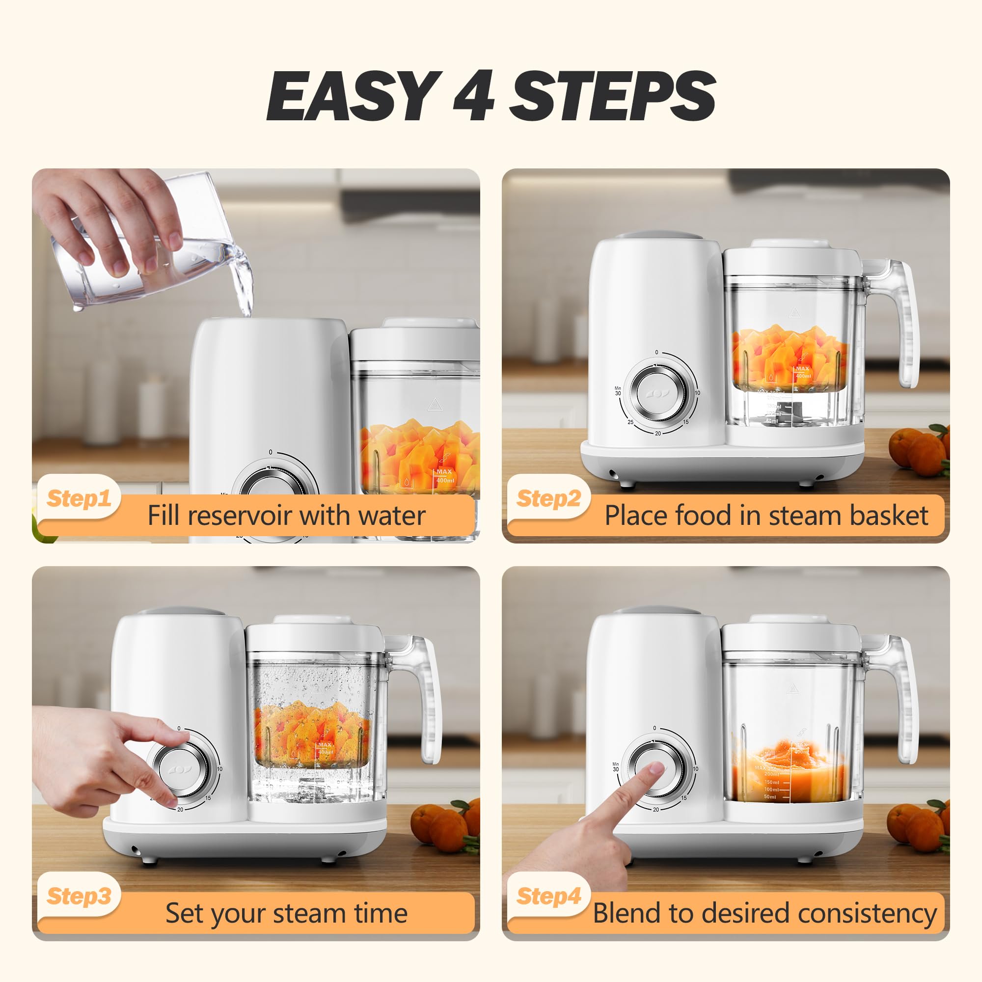 AMZBABYCHEF Babynahrungsmaschine | Babynahrungsmaschine | 4-in-1 Babynahrung Püree-Mixer Dampfgarer Mahlmaschine automatisches Kochen & Mahlen mit Knopfsteuerung, BPA-frei