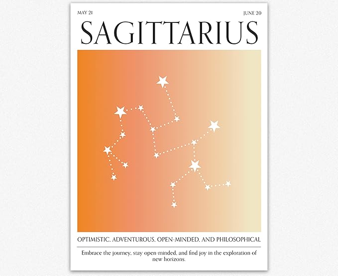Wallbuddy Sagittarius Zodiac Sign Poster | Gradient Orange Pink Room Decor Unframed Art Prints | Astrology Decor for Living Room, Office and Bedroom Decor | Constellation Poster (12x16 inches)