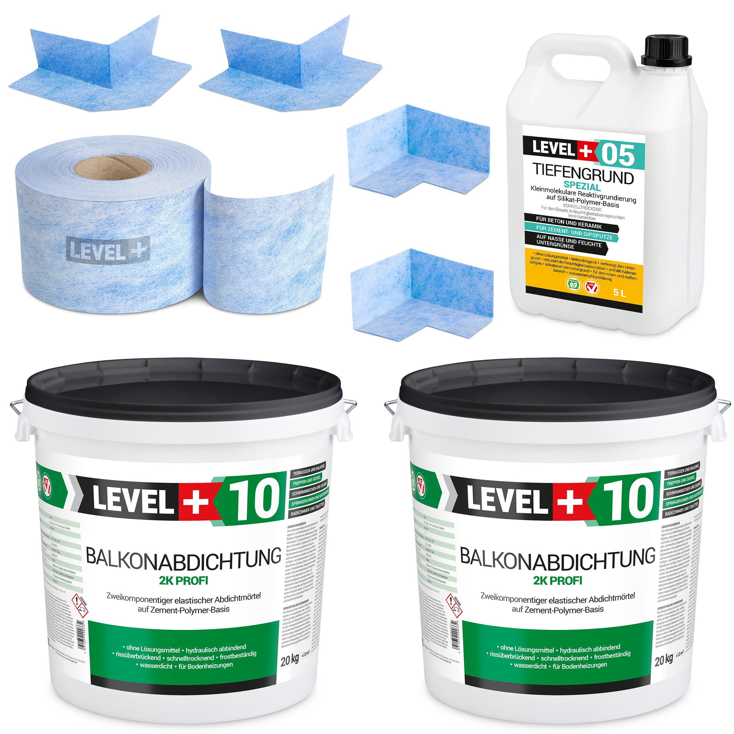Dichtset Abdichtung 40Kg Balkonabdichtung, Dichtschlämme 2K, Badabdichtung, Dusche, Sauna, Schwimmbad, Terrasse LEVEL+ SET35